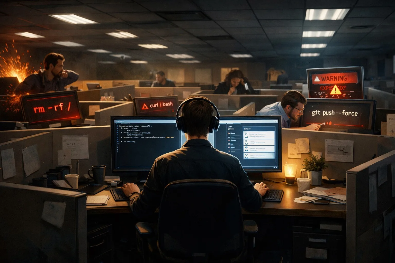Open office scene with risky terminal commands visible across multiple screens
