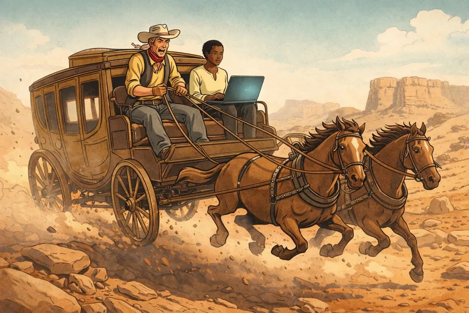 Western stagecoach scene — a cowboy drives while a coder rides shotgun with a laptop