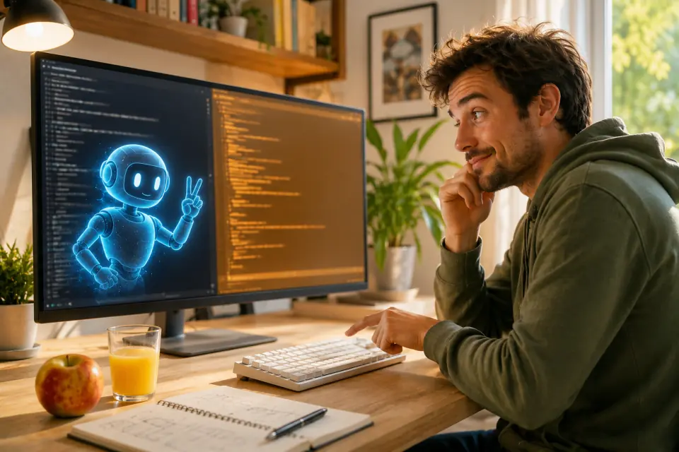 Person pausing before pressing Enter while an AI assistant appears on a split-screen terminal