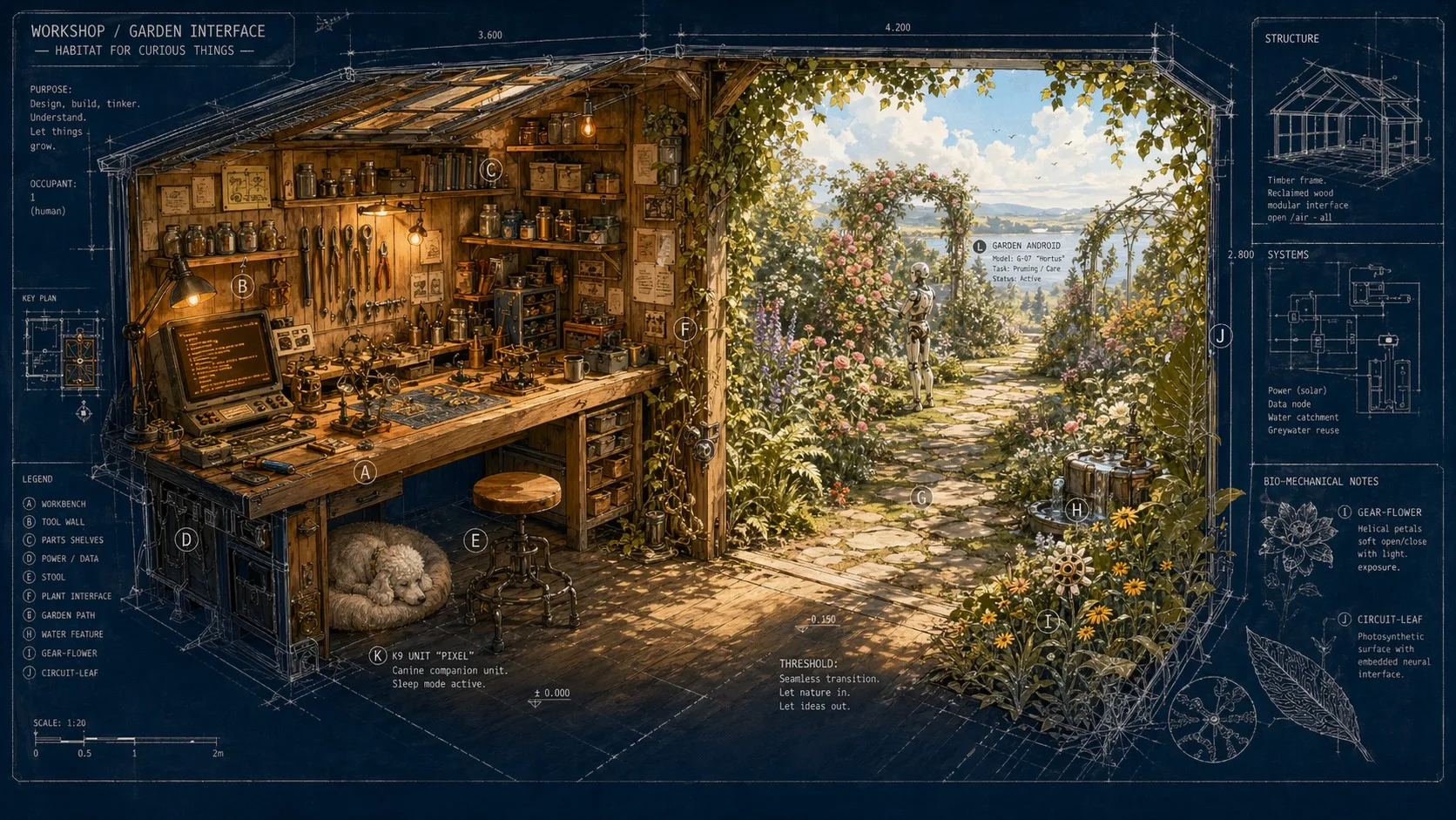 Workshop and garden scene suggesting a thoughtful studio environment for building and writing